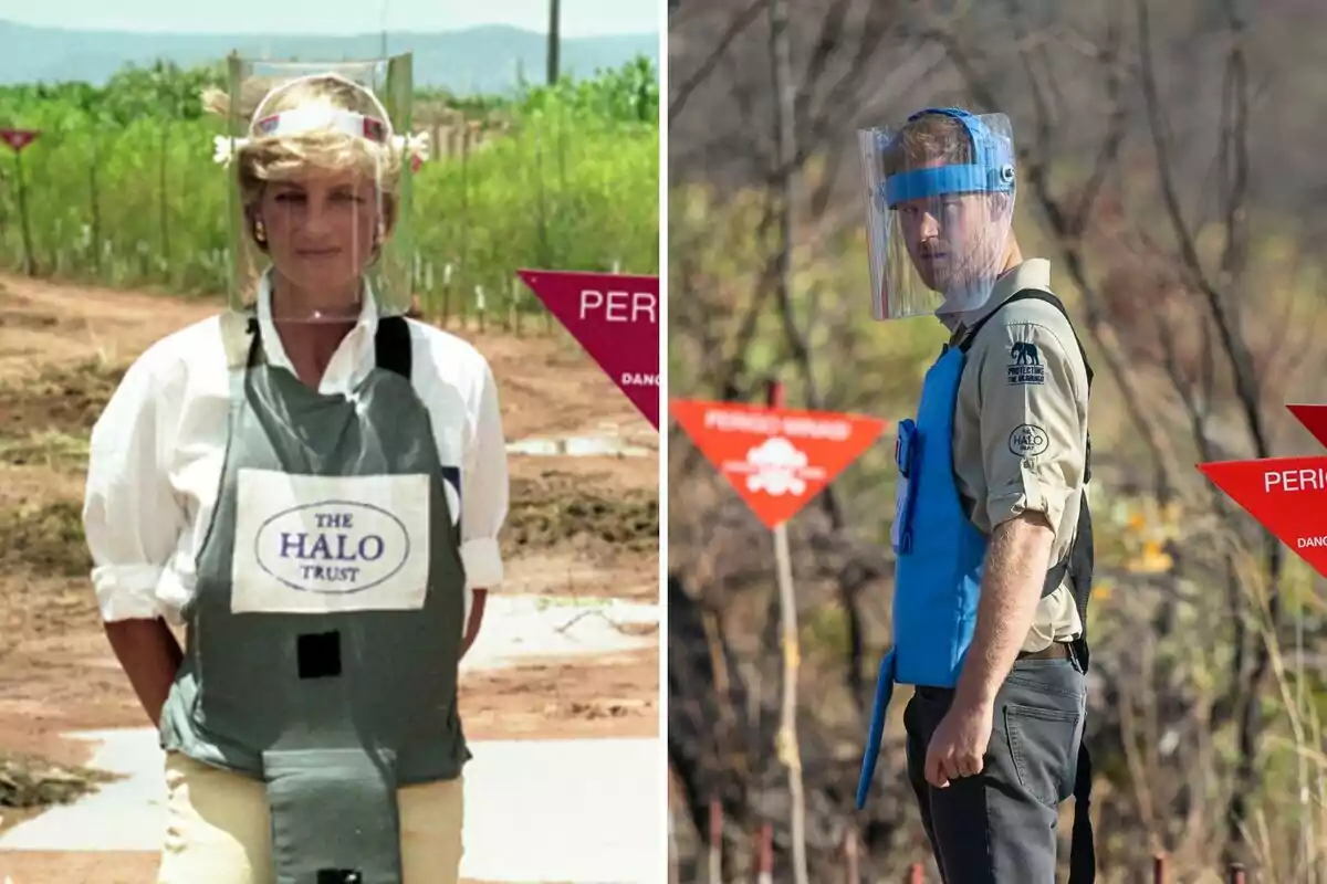 Lady Di and Prince Harry wearing protective gear and clear face shields in a field with danger warning signs
