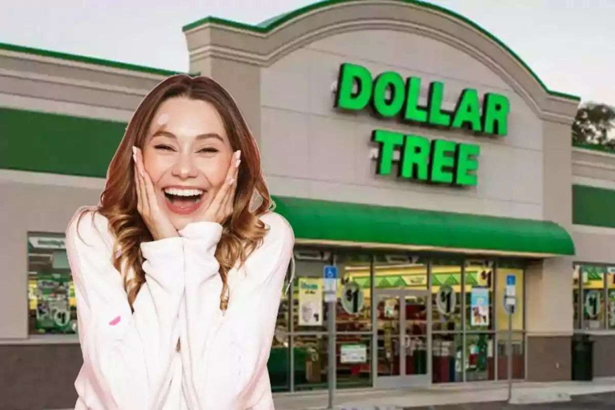 Young woman smiling excitedly in front of a Dollar Tree store