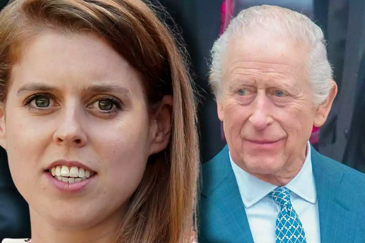 Beatrice of York and Charles III in blue suits appear together in the picture.