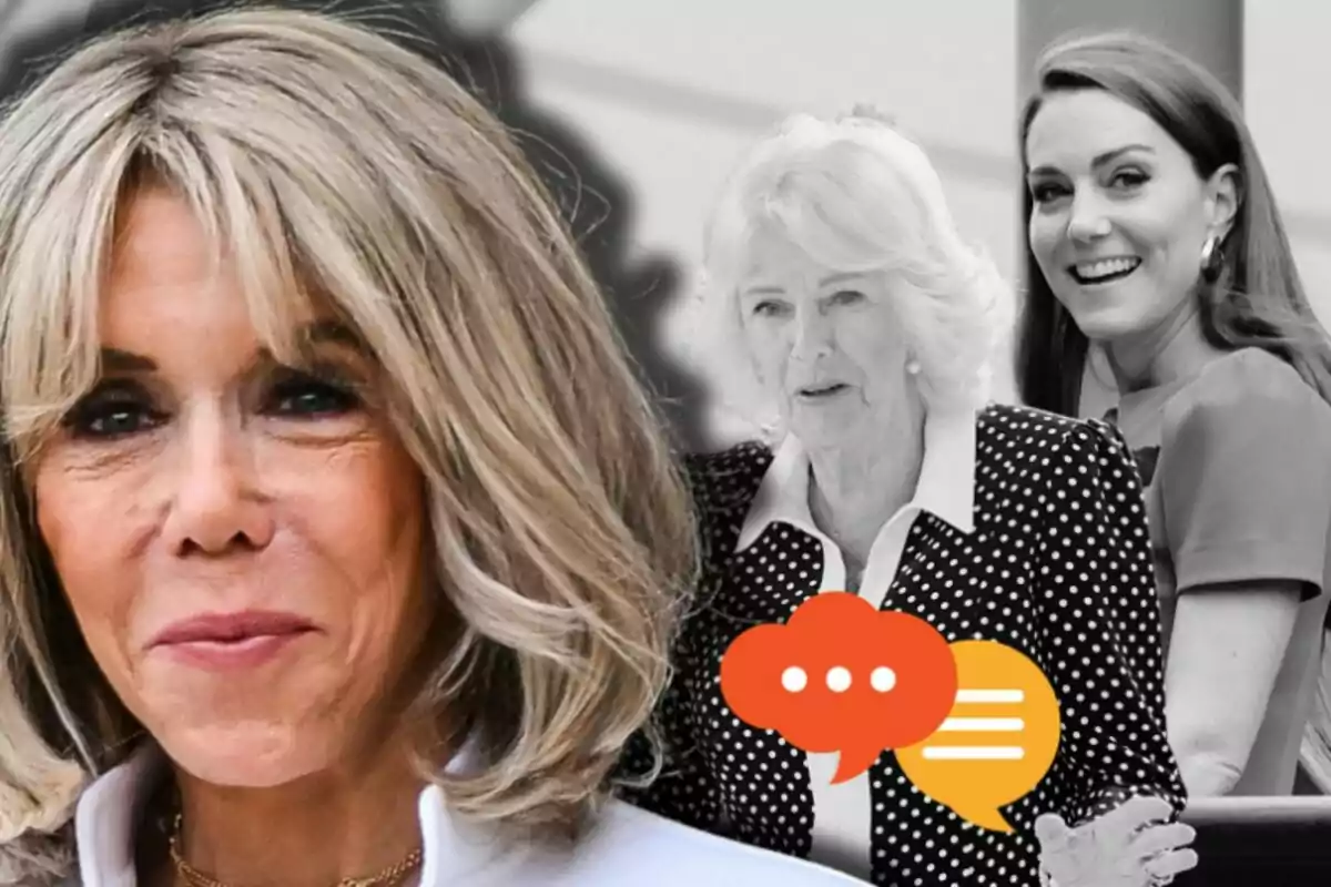 Brigitte Macron, Queen Camilla, and Kate Middleton appear in the image, one in the foreground and two in the background, with speech bubble icons superimposed.