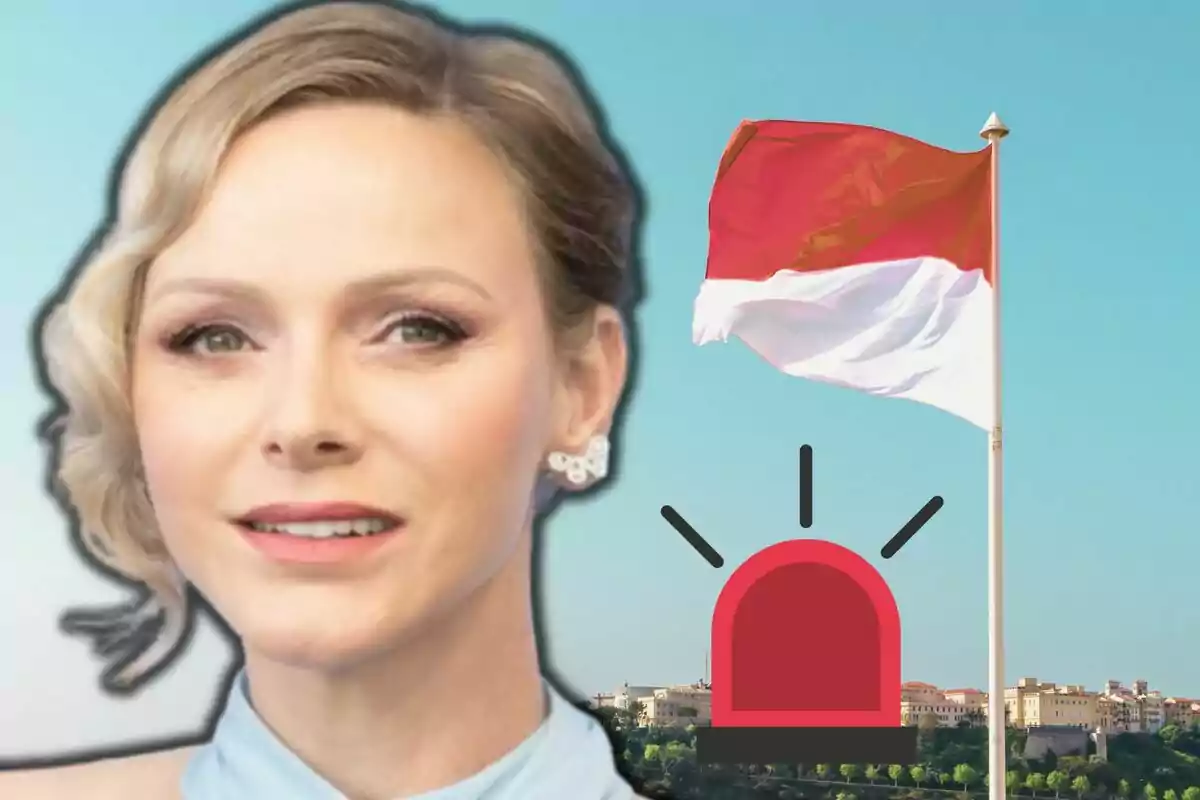Blonde woman in the foreground with a red and white flag waving in the background and a red alert icon over a city
