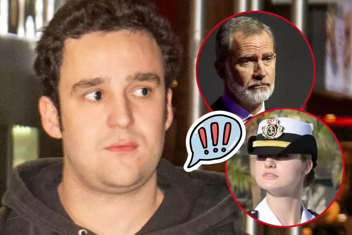 Froilán mira hacia un lado mientras aparecen dos círculos con los rostros de Felipe VI y la princesa Leonor con uniforme militar, junto a un dibujo de signos de exclamación.