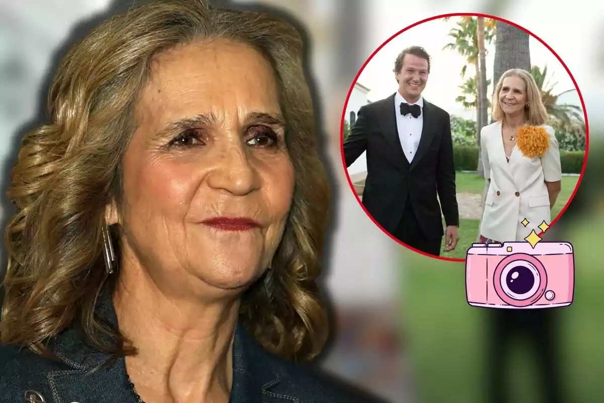 La infanta Elena en primer plano con una imagen circular en la esquina mostrando a la misma mujer junto a Luis Astolfi JR vestido de esmoquin en un entorno al aire libre, acompañados de un dibujo de cámara rosa