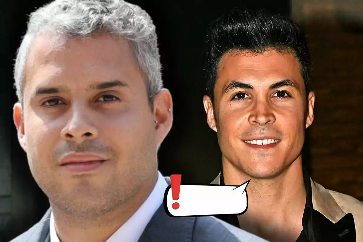 José Fernando y Kiko Jiménez posan juntos, uno de cabello canoso y el otro de cabello oscuro, con un recuadro de diálogo con un signo de exclamación en la parte inferior.
