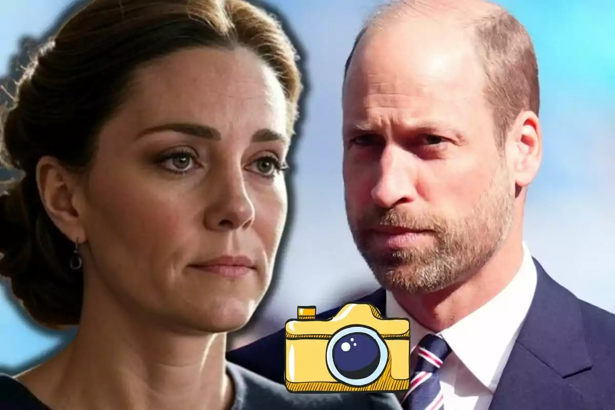 Kate Middleton y el príncipe Guillermo con expresiones serias aparecen juntos con un dibujo de una cámara fotográfica en primer plano