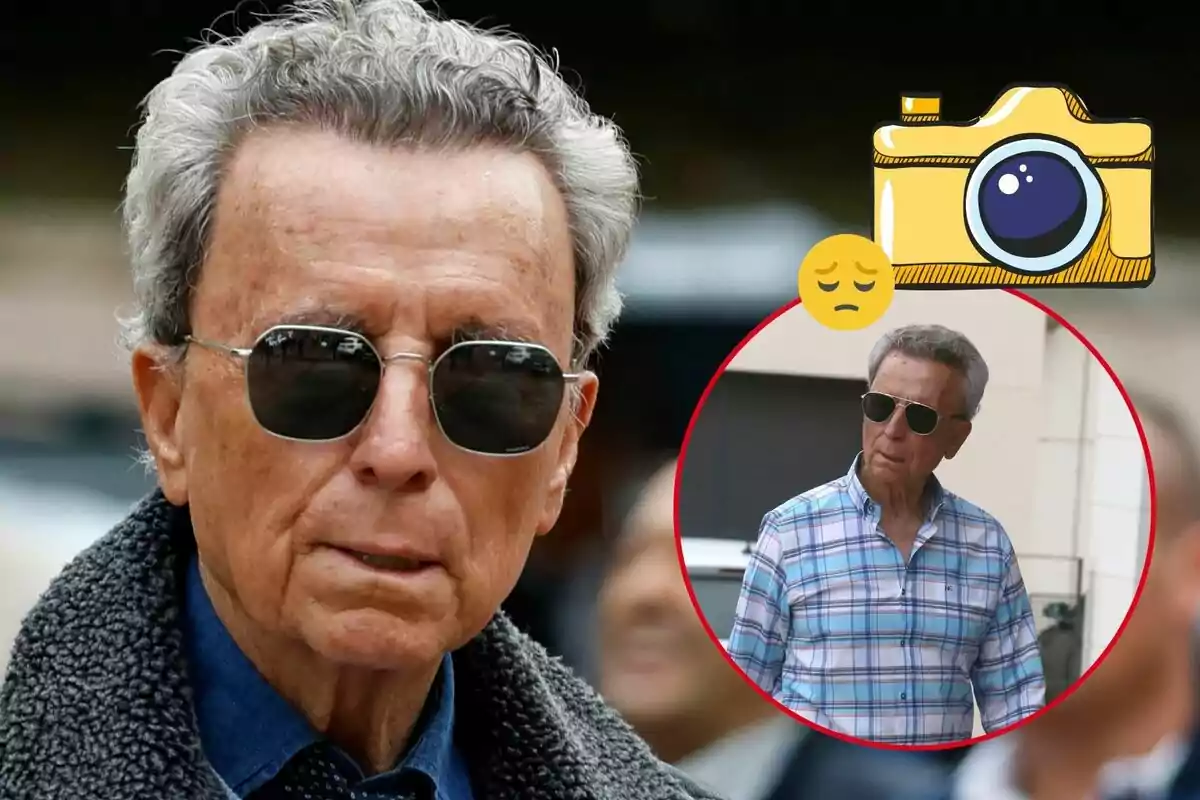 Ortega Cano con gafas de sol y cabello canoso, acompañado de un recuadro con su imagen en otra ocasión, junto a un dibujo de cámara fotográfica y un emoji de tristeza