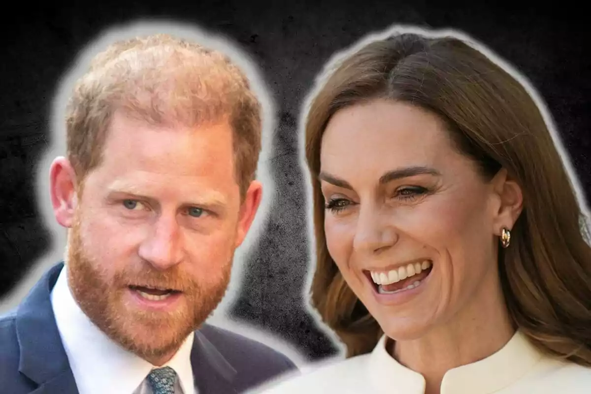 El príncipe Harry y Kate Middleton sonriente aparecen juntos sobre un fondo oscuro difuminado.