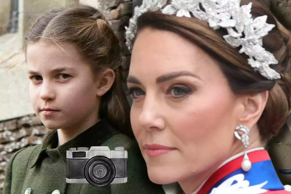 La princesa Charlotte con expresión seria y Kate Middleton con tiara y aretes elegantes aparecen en primer plano junto a un ícono de cámara fotográfica