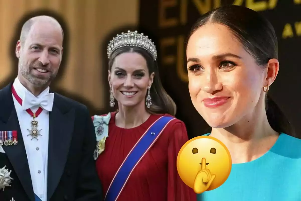 El príncipe Guillermo, Kate Middleton y Meghan Markle vestidas de manera elegante con una mujer en primer plano sonriendo y un emoji de silencio sobrepuesto