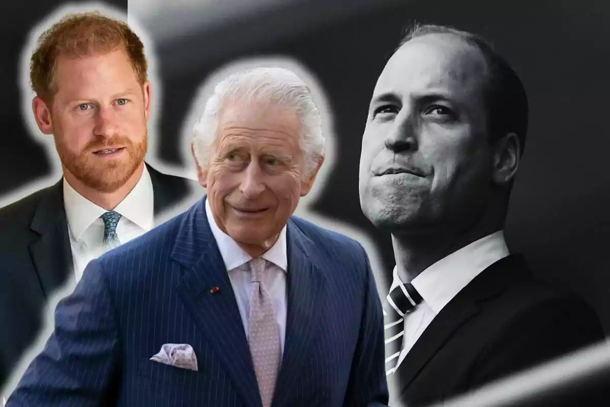Princes Harry and William and Charles III dressed in suits with a dark background and highlighted edges, one of them in the center with gray hair and the other two on the sides, one red-haired and the other in black and white.