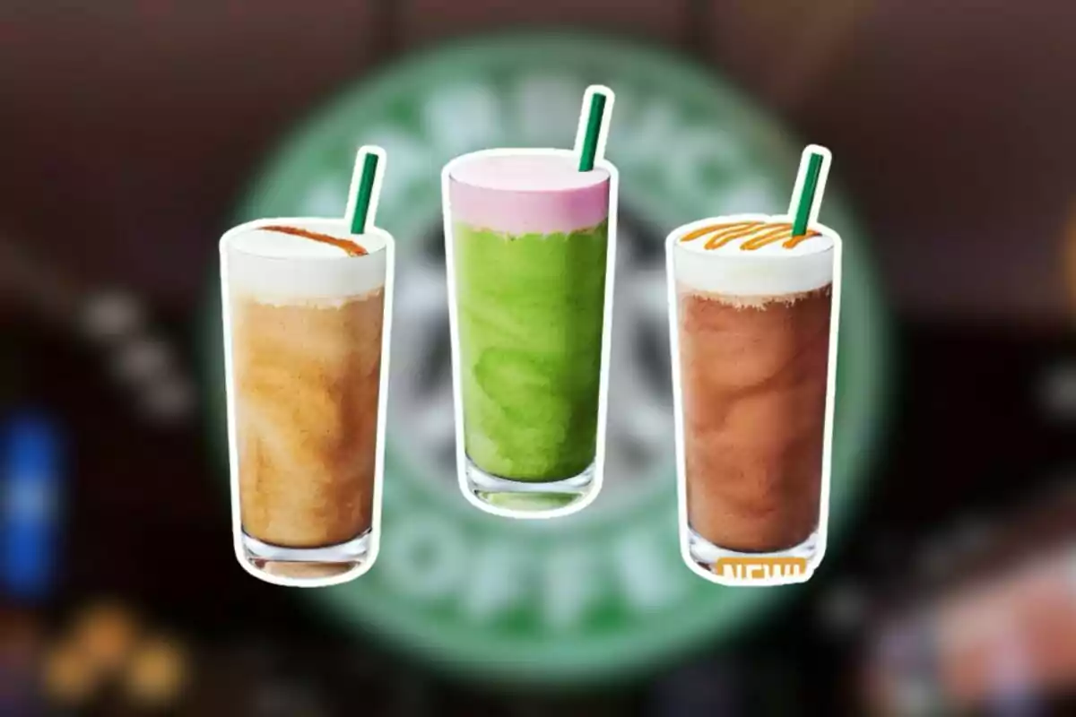 Three tall glasses with cold drinks of different colors and green straws in front of a blurred background with the Starbucks logo Three tall glasses with cold drinks of different colors and green straws in front of a blurred background with the Starbucks logo