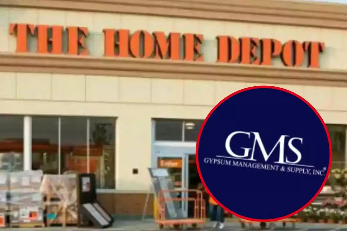 Fachada de una tienda The Home Depot con el logo de GMS Gypsum Management & Supply en la esquina inferior derecha Fachada de una tienda The Home Depot con el logo de GMS Gypsum Management & Supply en la esquina inferior derecha
