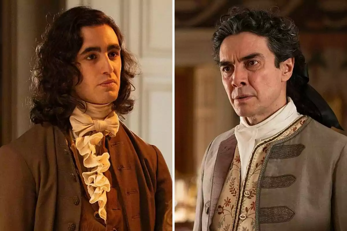 Alejo y José Luis con vestimenta de época posan en interiores elegantes, uno con cabello largo y rizado y el otro con cabello oscuro recogido y expresión seria Alejo y José Luis con vestimenta de época posan en interiores elegantes, uno con cabello largo y rizado y el otro con cabello oscuro recogido y expresión seria