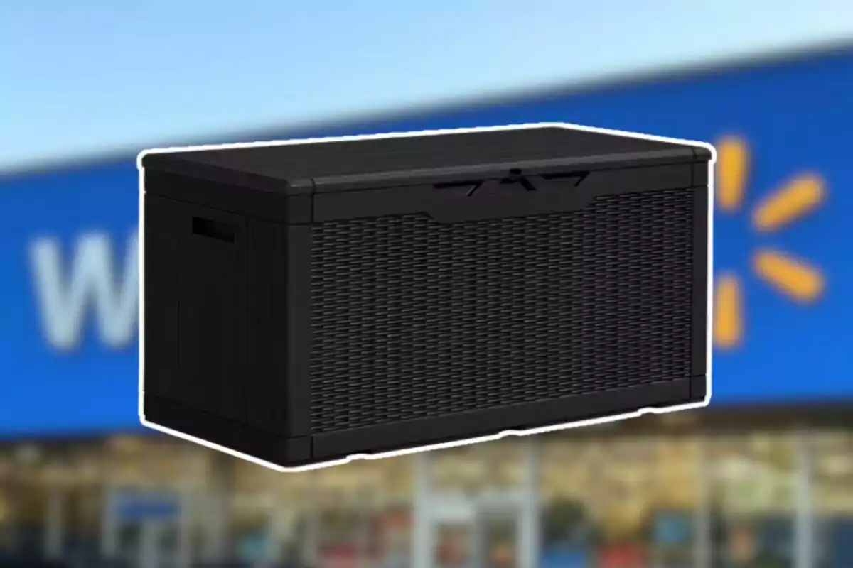 Black plastic organizer chest with wicker-like texture in front of a blurred Walmart store Black plastic organizer chest with wicker-like texture in front of a blurred Walmart store