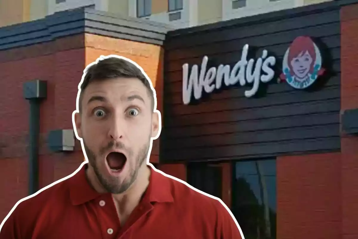 Hombre con expresión de sorpresa frente a la fachada de un restaurante Wendy's