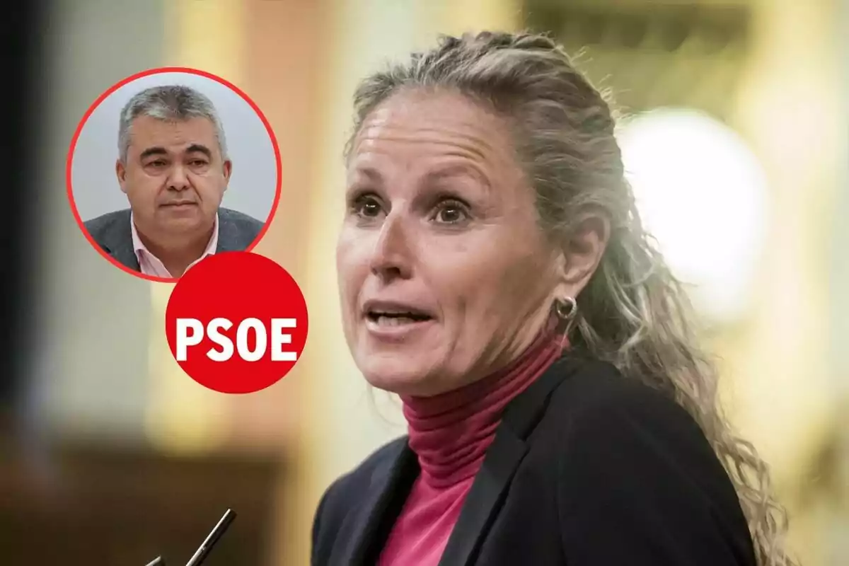 Mujer hablando en primer plano con un círculo en la esquina superior izquierda que muestra el rostro de un hombre y el logo del PSOE