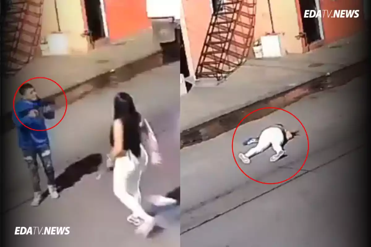 Dos imágenes muestran un asalto en la calle donde una persona apunta con un arma a una mujer y en la segunda imagen la mujer está tirada en el suelo