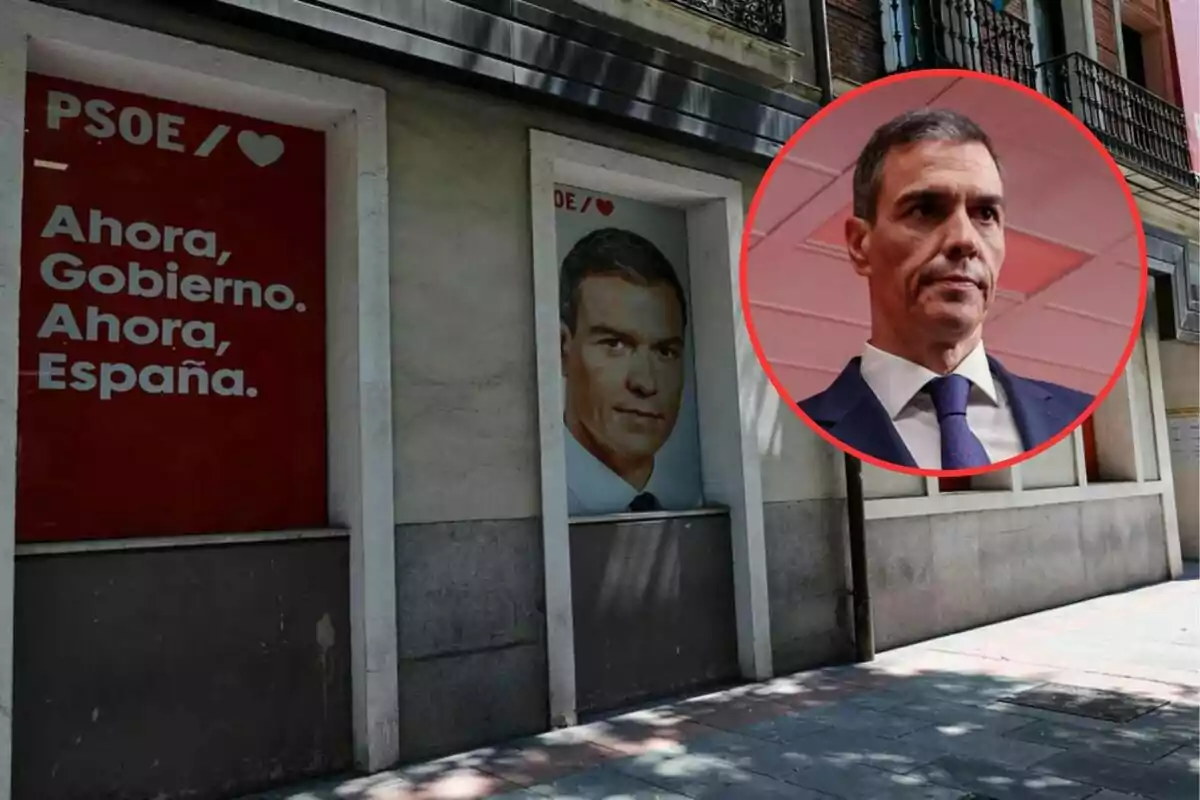 Fachada de una sede del PSOE con un cartel que dice Ahora, Gobierno. Ahora, España y un retrato de un hombre en la ventana junto a un círculo que resalta el rostro del mismo hombre con traje y corbata