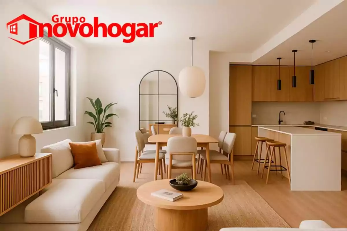 Sala comedor y cocina de estilo moderno con muebles de madera clara, decoración minimalista y el logo de Grupo Novohogar en la esquina superior izquierda