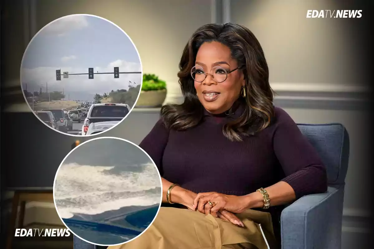 Mujer sentada con gafas y suéter oscuro, al fondo dos recuadros muestran una carretera con tráfico y una imagen de olas en el mar, ambas con el logo EDATV.NEWS