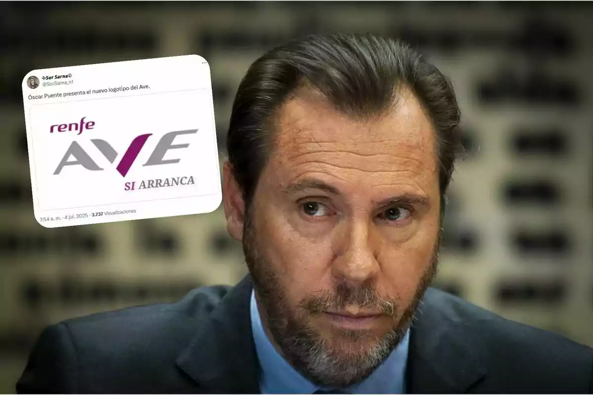 Un hombre de traje mira hacia un lado mientras en la esquina superior izquierda aparece una imagen editada de un tuit con el logotipo de Renfe AVE y la frase "SI ARRANCA"