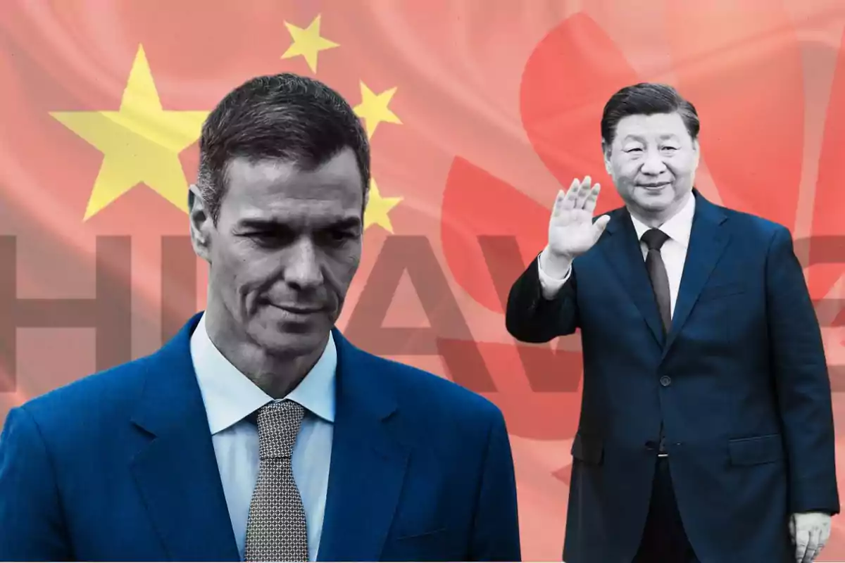 Dos hombres con traje azul aparecen frente a una bandera de China y el logo de Huawei uno de ellos saluda con la mano mientras el otro mira hacia abajo