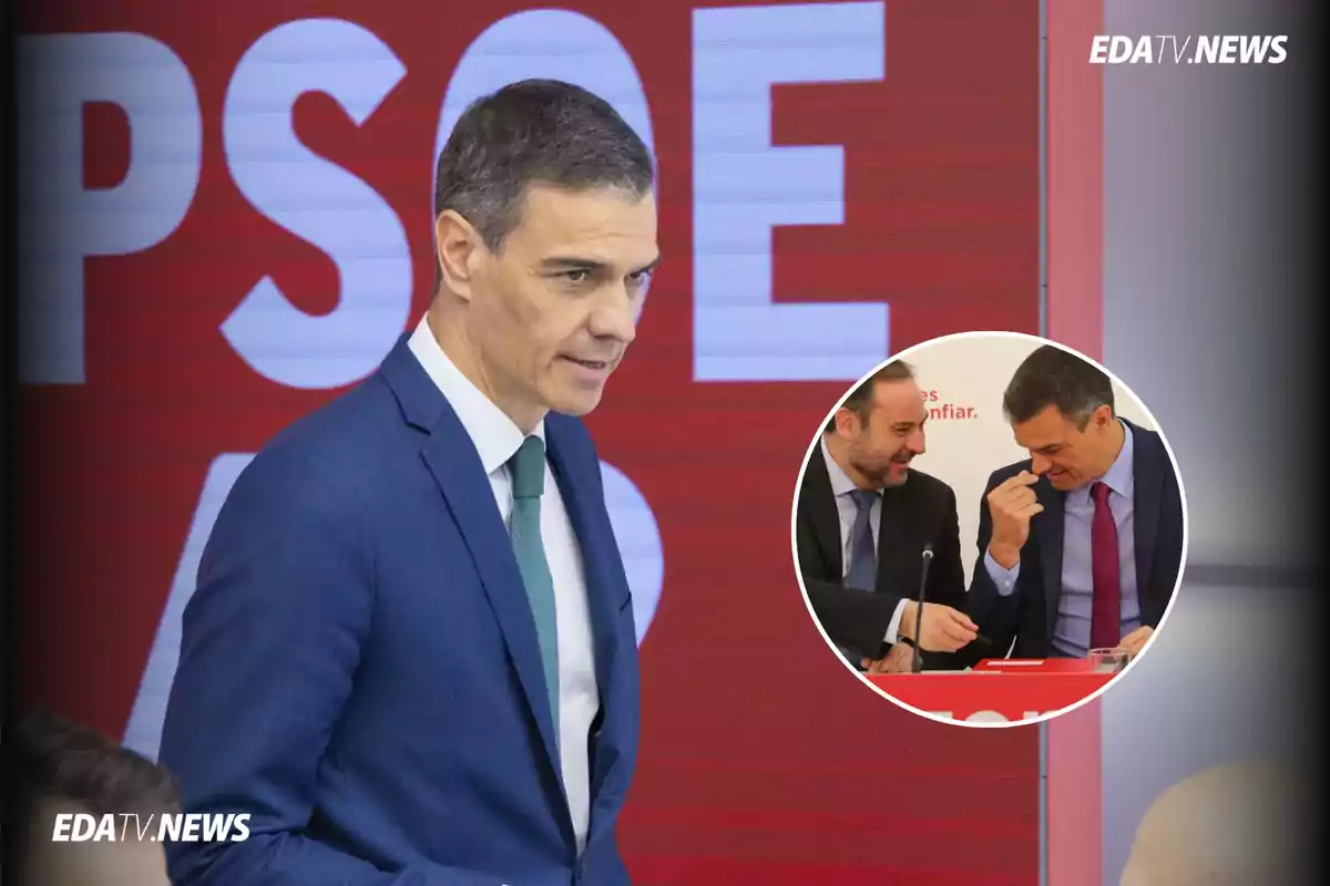 Hombre con traje azul y corbata verde frente a un fondo rojo con letras blancas y un recuadro circular que muestra a dos hombres conversando y sonriendo en una mesa
