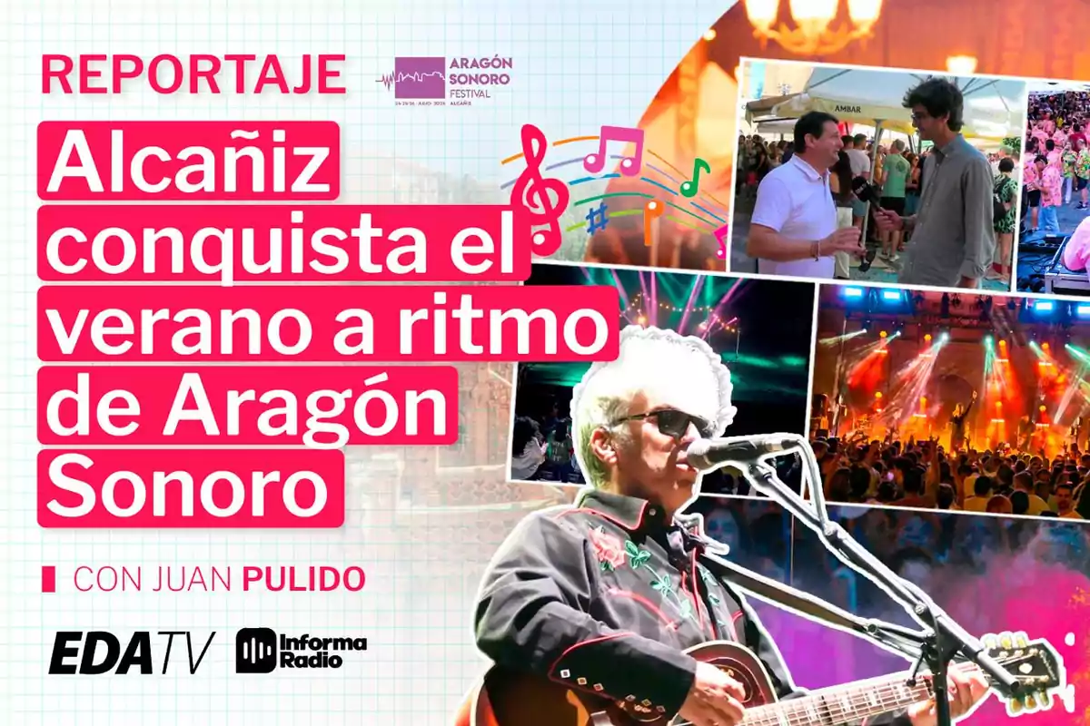 Cartel promocional del festival Aragón Sonoro en Alcañiz con imágenes de conciertos, entrevistas y público disfrutando de la música en verano