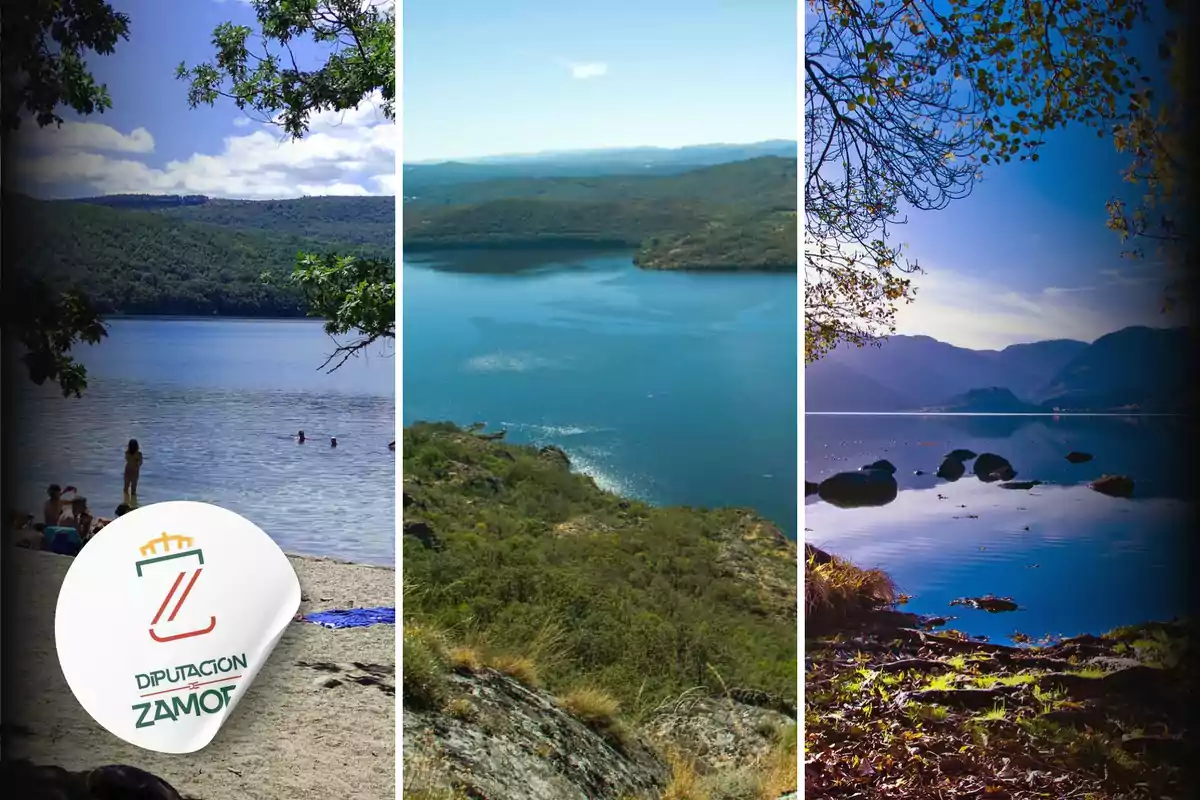 Tres paisajes de lagos rodeados de montañas y vegetación con personas disfrutando en la orilla y un logotipo de la Diputación de Zamora en la esquina inferior izquierda