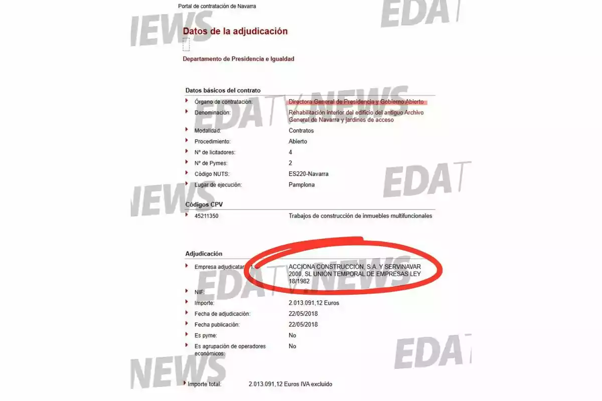 Captura de pantalla de un documento oficial de adjudicación de contrato público en Navarra donde se resalta con un círculo rojo el nombre de la empresa adjudicataria ACCIONA CONSTRUCCIÓN SA y SERVINAVAR 2000 SL unión temporal de empresas Captura de pantalla de un documento oficial de adjudicación de contrato público en Navarra donde se resalta con un círculo rojo el nombre de la empresa adjudicataria ACCIONA CONSTRUCCIÓN SA y SERVINAVAR 2000 SL unión temporal de empresas