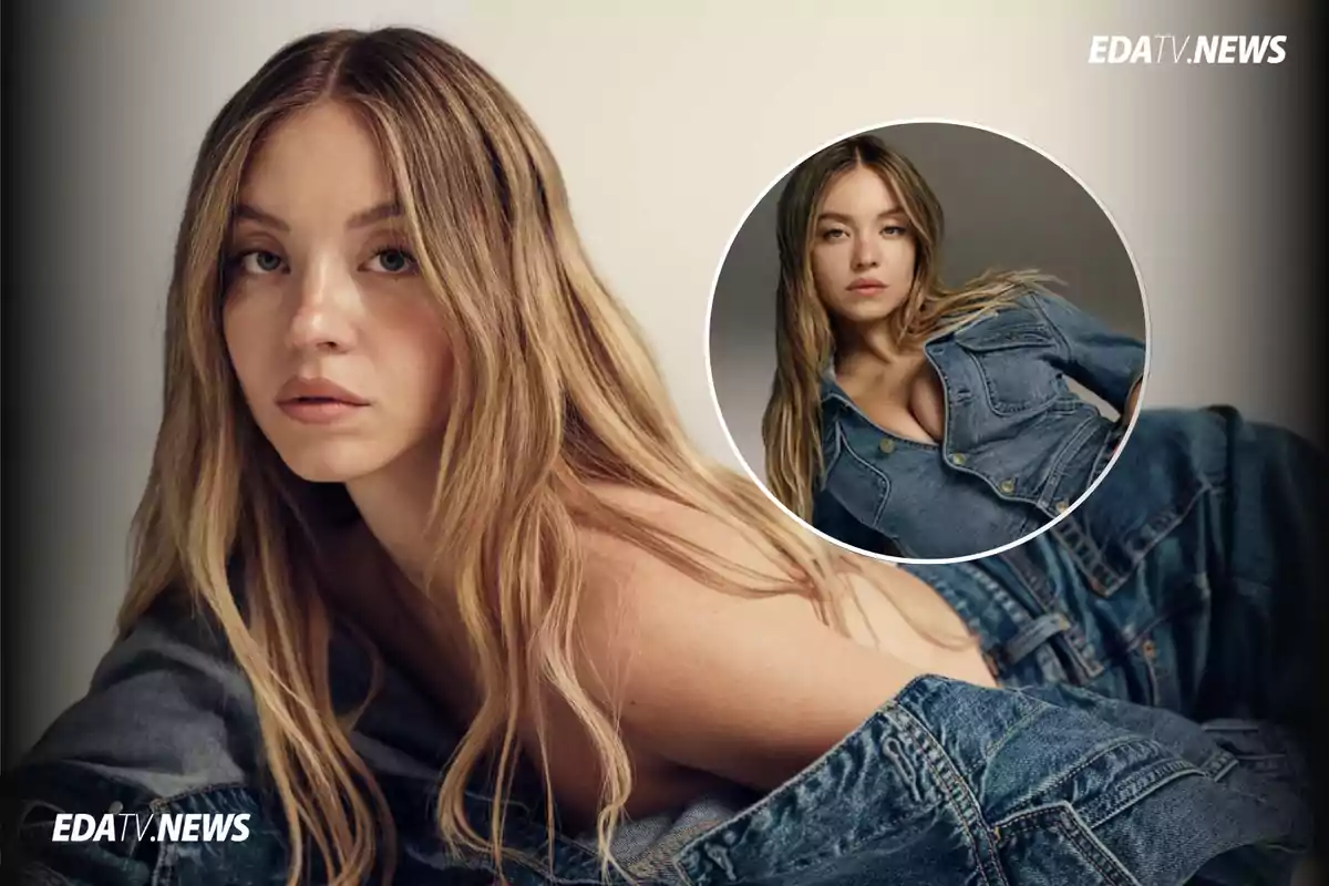 Mujer joven de cabello rubio largo usando ropa de mezclilla con expresión seria y fondo neutro, acompañada de un recuadro circular con otra imagen de ella en la misma sesión fotográfica
