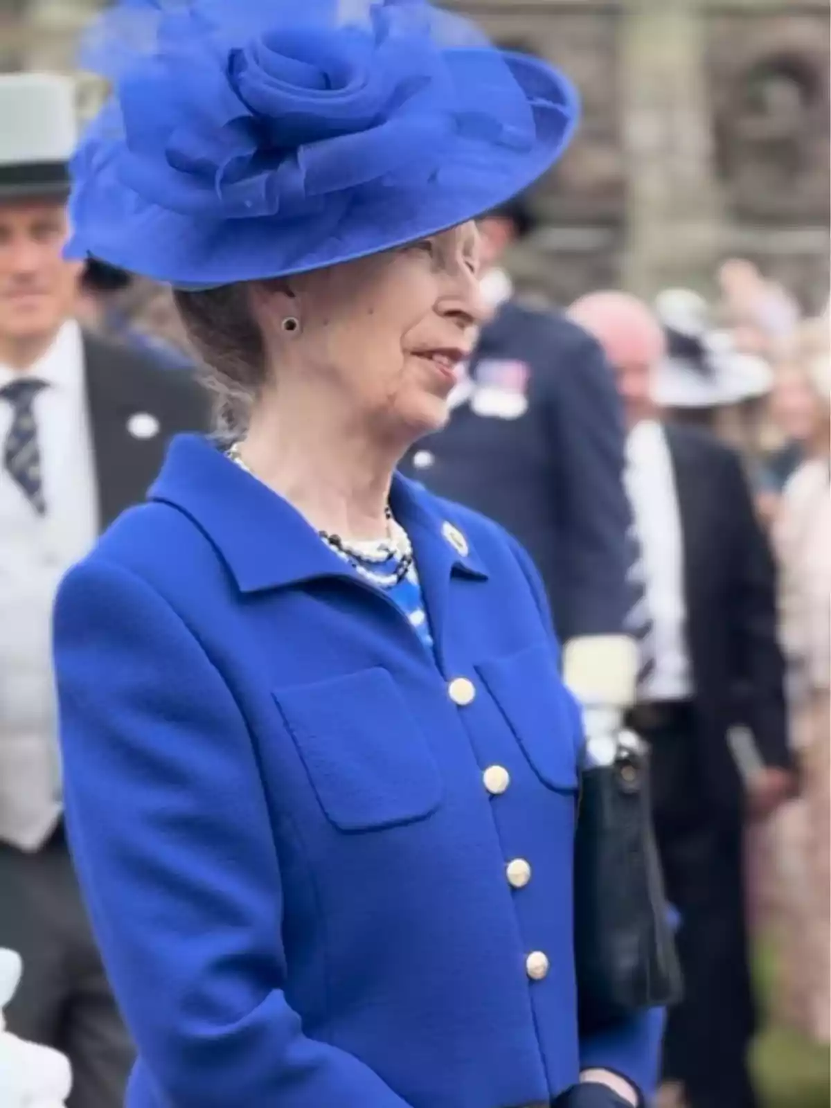 Older woman dressed in a blue outfit with a matching hat at a formal outdoor event, surrounded by other elegantly dressed people Older woman dressed in a blue outfit with a matching hat at a formal outdoor event, surrounded by other elegantly dressed people