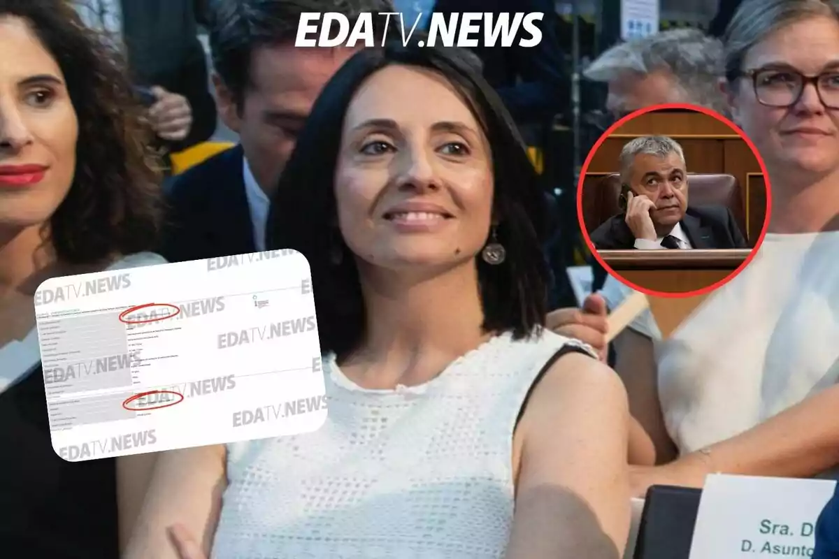 Una mujer de cabello oscuro y vestido blanco sonríe en un evento, rodeada de otras personas, con un recuadro que muestra a un hombre en un escaño y un gráfico con marcas de agua de EDATV NEWS