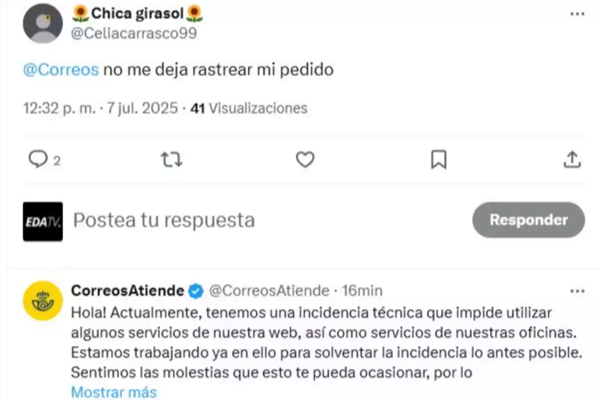 Captura de pantalla de una conversación en Twitter donde una usuaria reporta a Correos que no puede rastrear su pedido y la cuenta oficial responde que hay una incidencia técnica que afecta a algunos servicios y que están trabajando para solucionarlo. Captura de pantalla de una conversación en Twitter donde una usuaria reporta a Correos que no puede rastrear su pedido y la cuenta oficial responde que hay una incidencia técnica que afecta a algunos servicios y que están trabajando para solucionarlo.