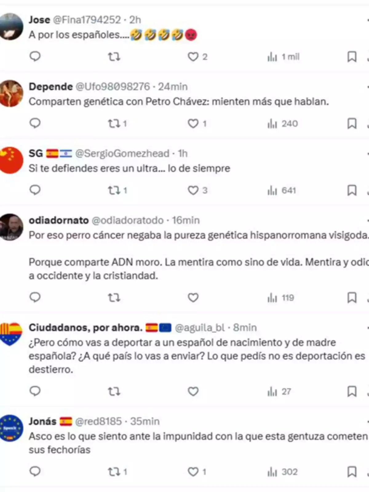 Captura de pantalla de varios tuits con comentarios ofensivos y xenófobos sobre españoles y temas de genética, política y deportaciones Captura de pantalla de varios tuits con comentarios ofensivos y xenófobos sobre españoles y temas de genética, política y deportaciones