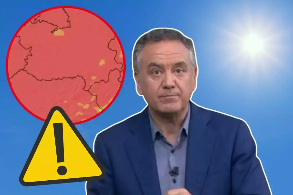 Hombre con expresión seria frente a un fondo azul con sol brillante, un mapa en rojo y un símbolo de advertencia amarilla