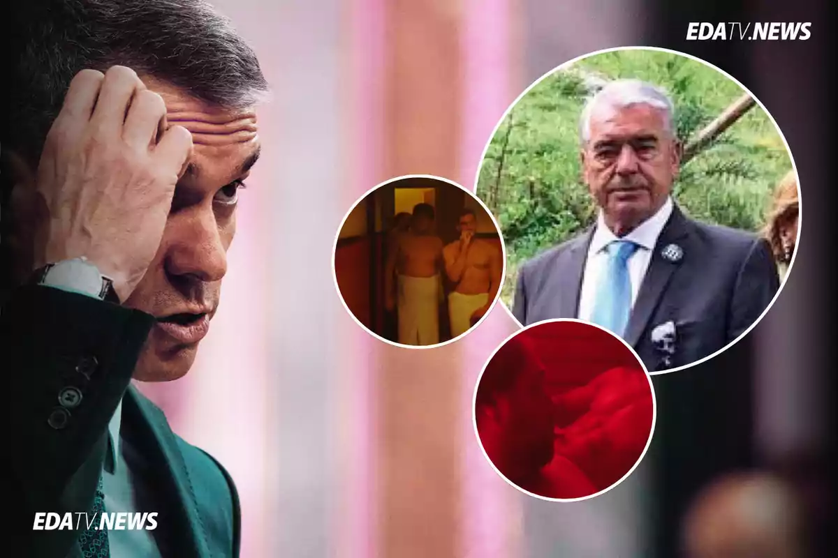 Hombre de cabello canoso en primer plano con expresión seria y fondo desenfocado, acompañado de tres círculos con imágenes pequeñas que muestran a un hombre mayor con traje, dos personas con toallas y una escena en luz roja, con el logo de EDATV.NEWS en la esquina.