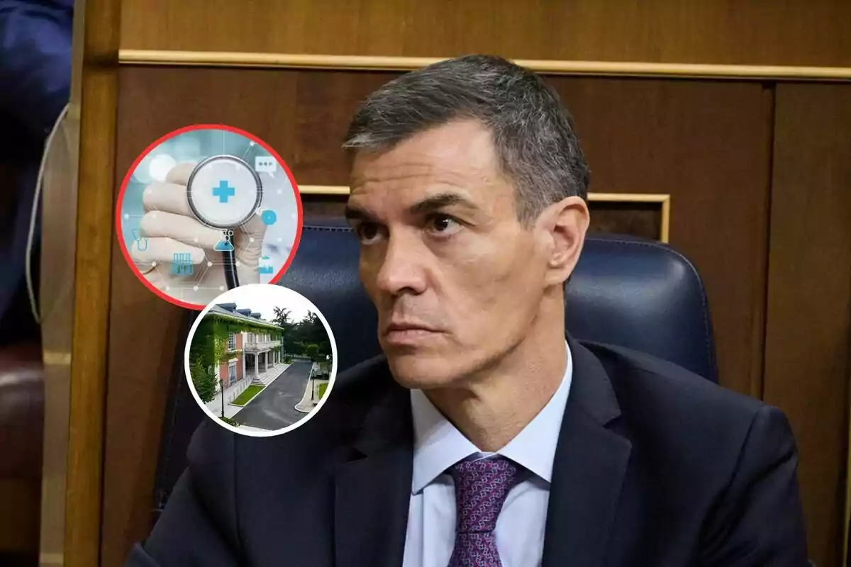 Hombre de traje sentado en un sillón con expresión seria, al fondo dos gráficos circulares muestran una mano con un estetoscopio y una imagen de un edificio rodeado de vegetación.