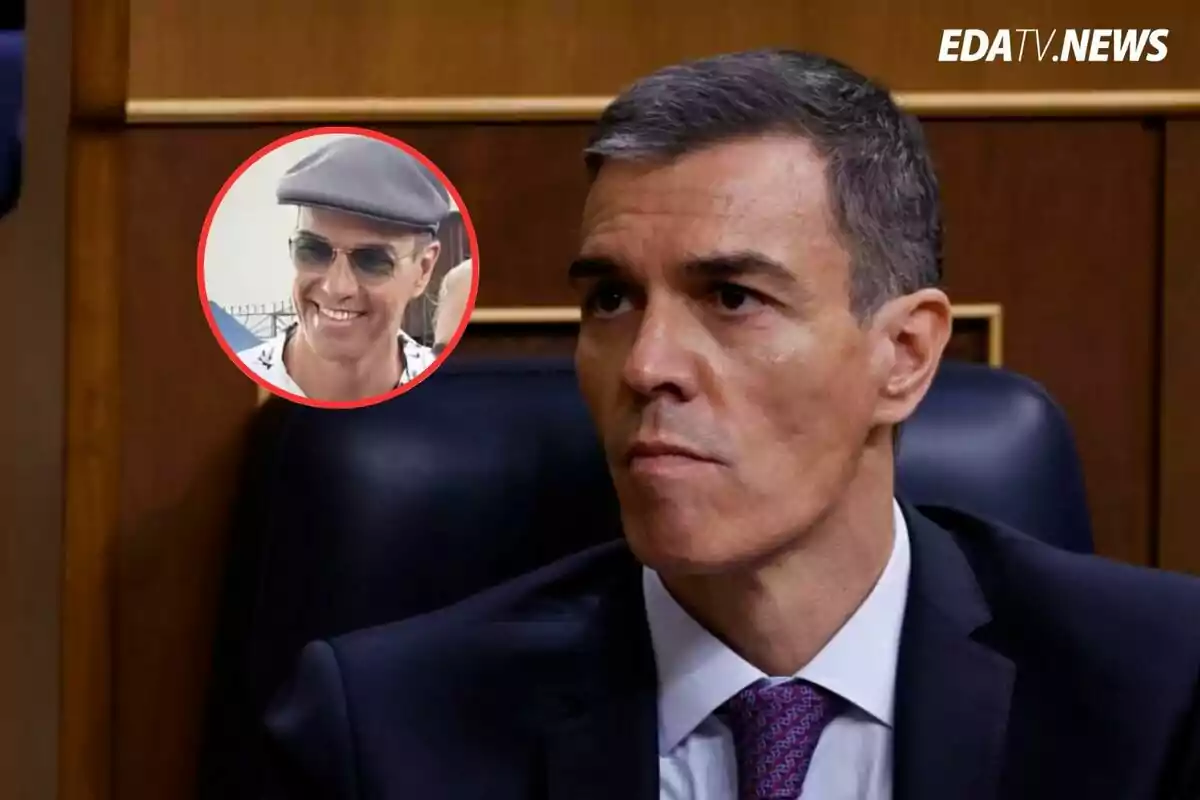 Hombre de traje con expresión seria sentado en un escaño, con un recuadro que muestra a la misma persona sonriendo y usando gafas de sol y boina, junto al logo de EDATV NEWS en la esquina superior derecha.