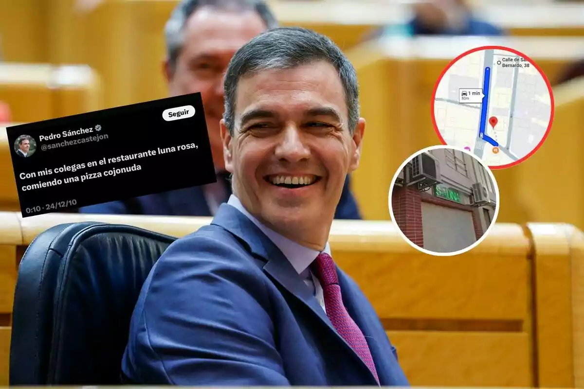 Hombre de traje sonriente en un recinto oficial con un tuit superpuesto y dos círculos que muestran un mapa y la entrada de un local llamado Sauna Luna