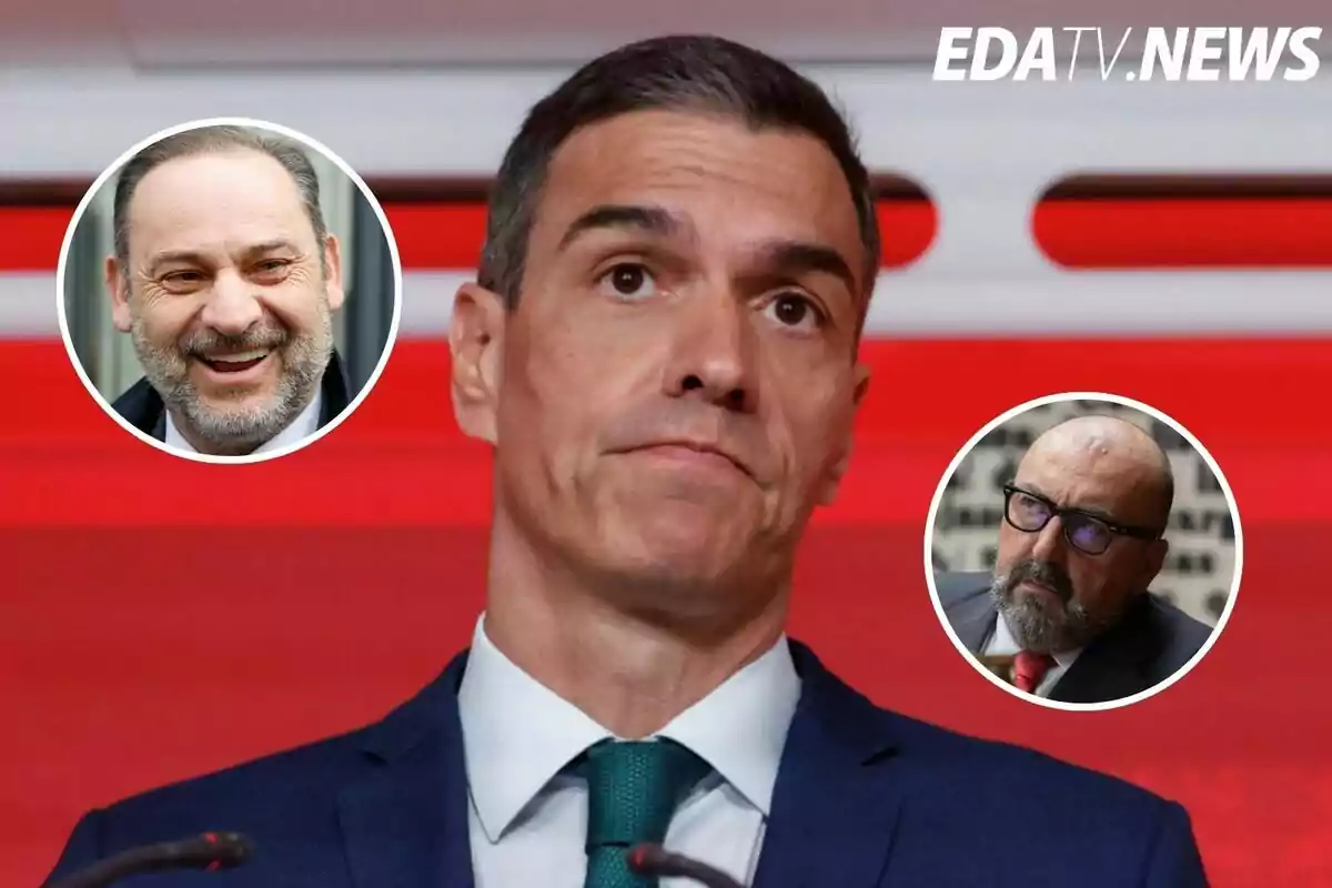 Hombre de traje con expresión seria en primer plano sobre fondo rojo, con dos retratos circulares de otros hombres en las esquinas superiores y el logo de EDATV NEWS en la esquina superior derecha
