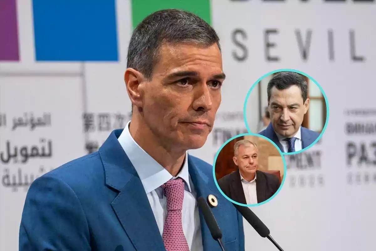 Hombre de traje azul hablando frente a micrófonos con dos rostros de otros hombres en círculos superpuestos a la imagen
