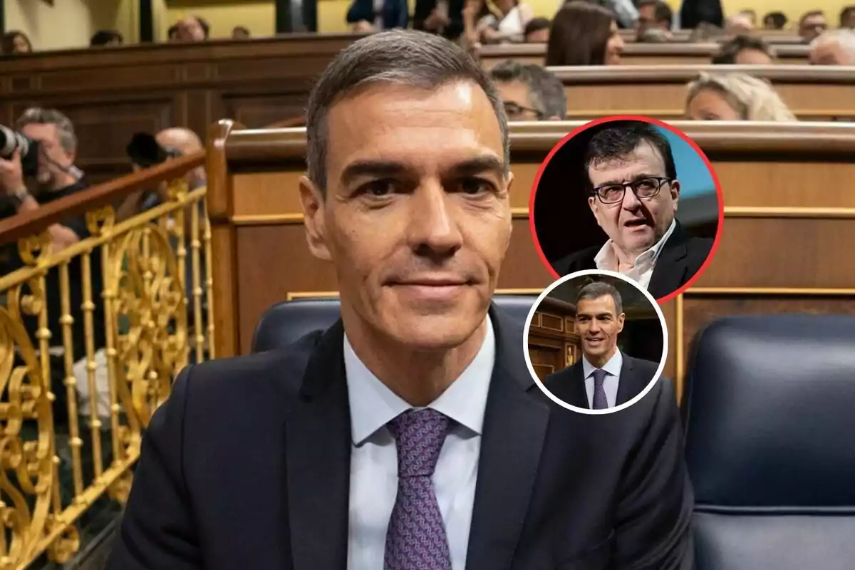 Hombre de traje sentado en un escaño de un parlamento con dos recuadros circulares mostrando a otras dos personas