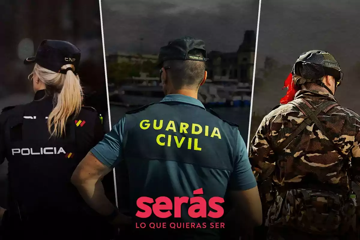 Tres personas de espaldas con uniformes de policía, guardia civil y militar junto al texto serás lo que quieras ser