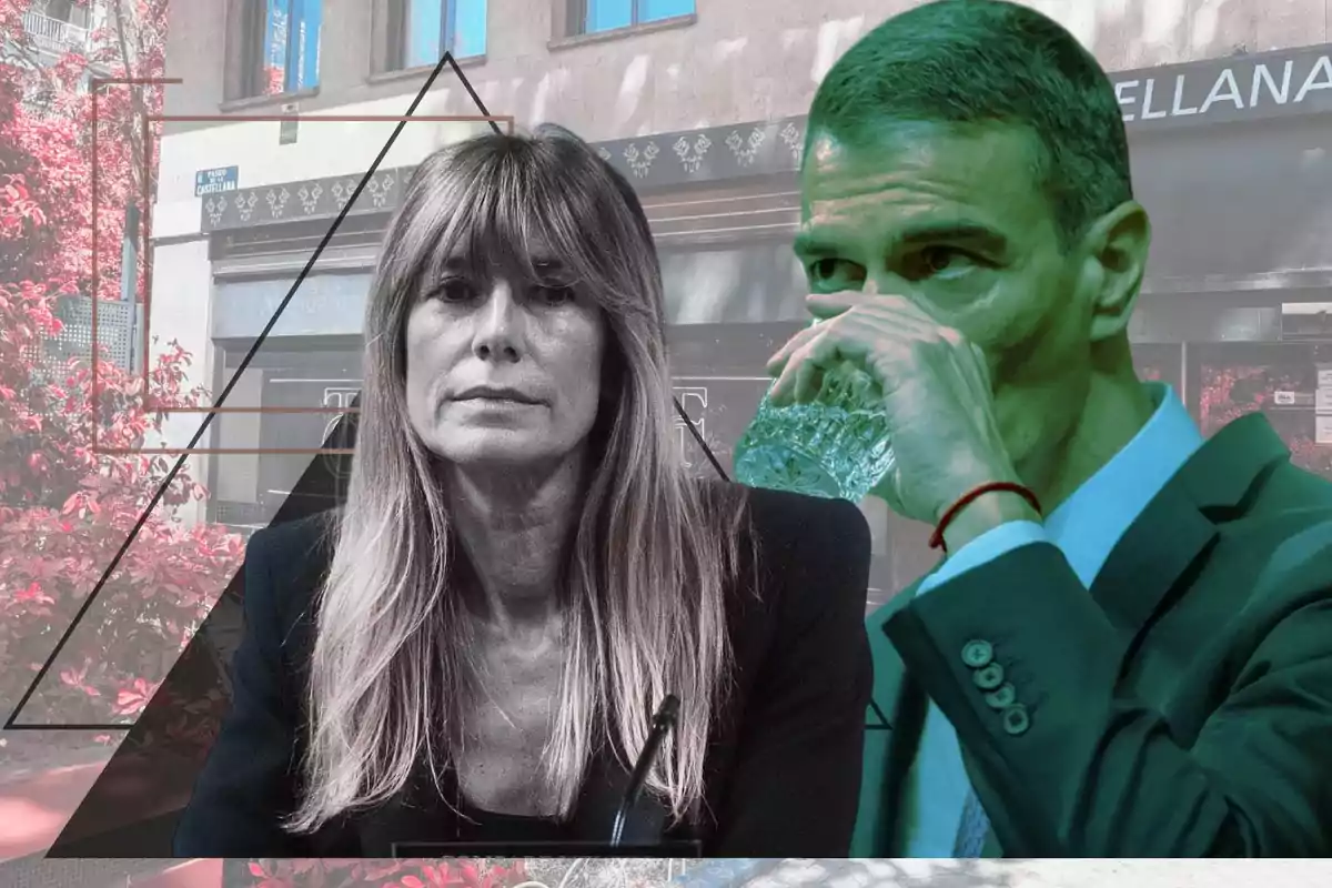 Dos personas en primer plano con expresiones serias y fondo de edificio urbano con plantas rojas