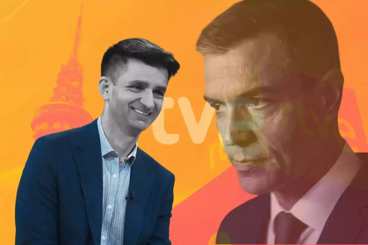 Dos hombres con expresiones contrastantes sobre un fondo naranja con la silueta de una torre y el logo de rtve difuminado