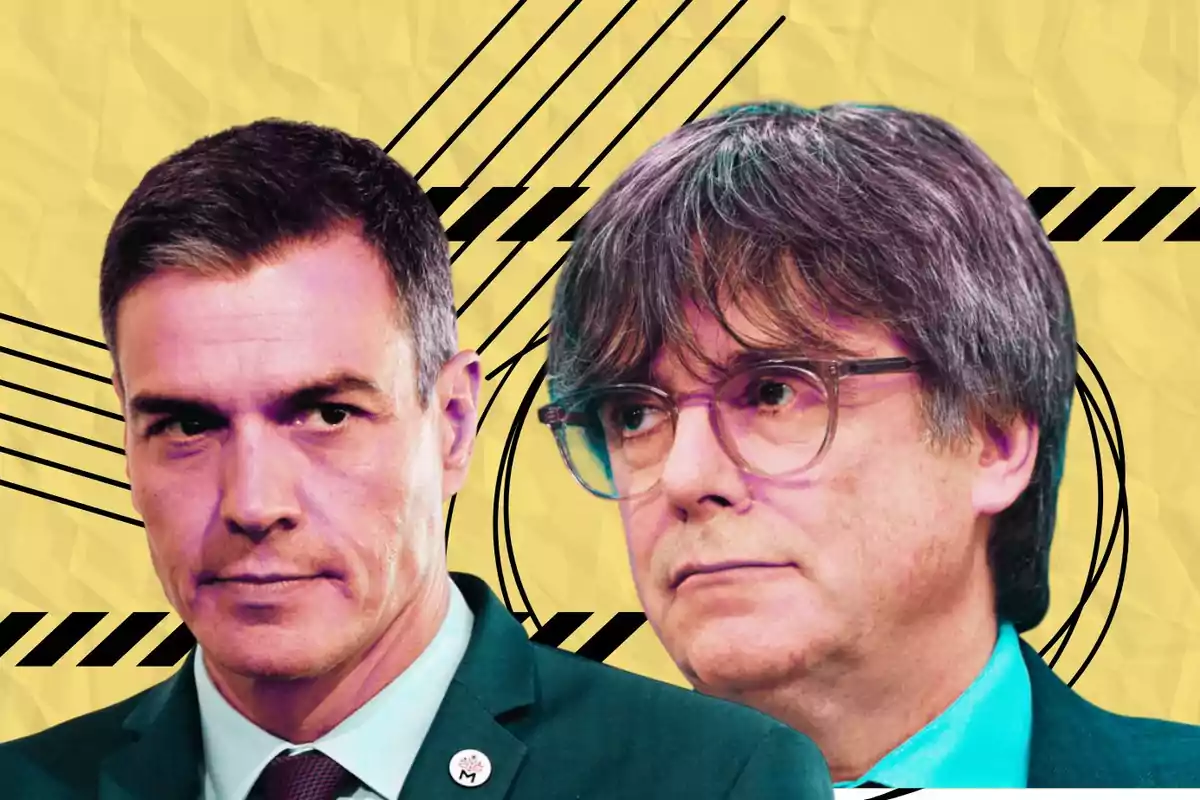Dos hombres con expresión seria posan frente a un fondo amarillo con líneas negras geométricas