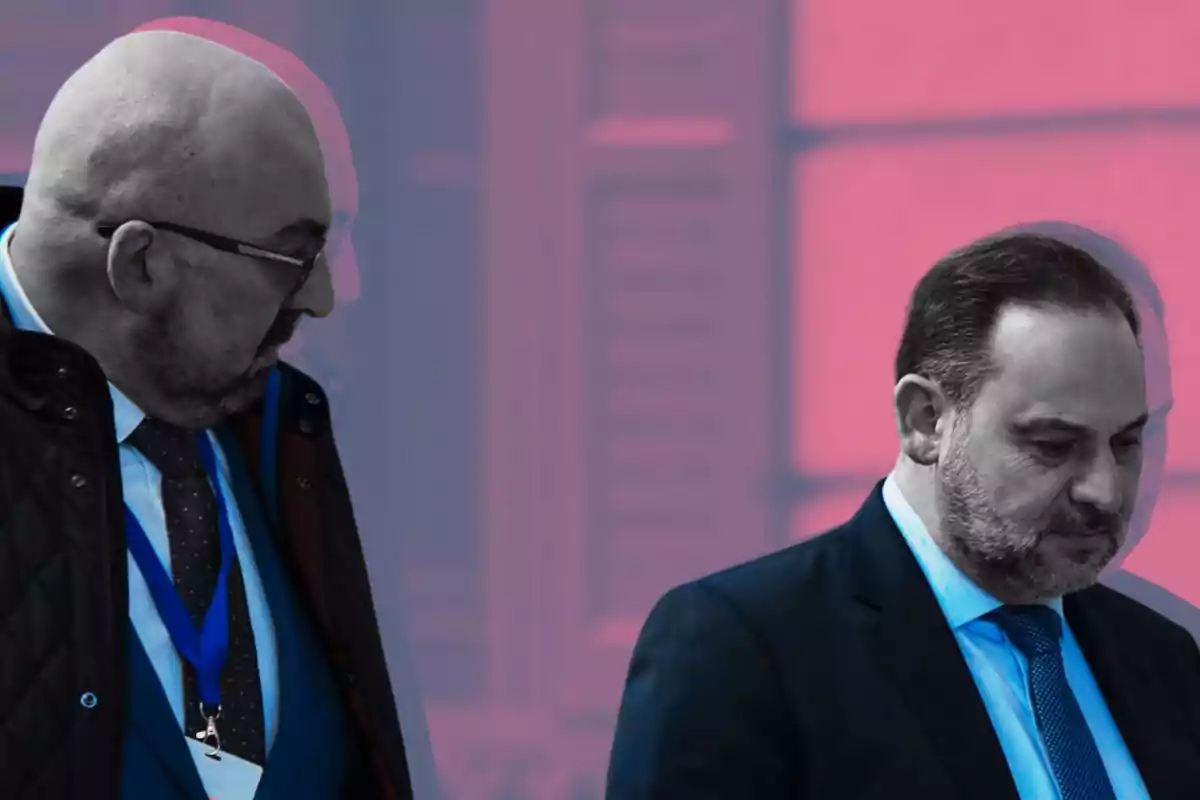 Dos hombres con traje y corbata caminan juntos con expresiones serias sobre un fondo en tonos azul y rosa.