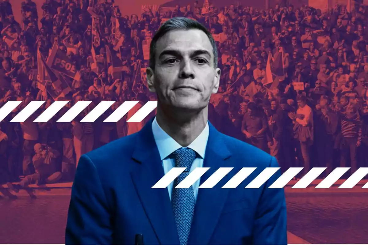 Hombre de traje azul al frente con expresión seria y fondo de multitud manifestándose con banderas y pancartas, imagen con filtro de colores azul y rojo y franjas diagonales blancas