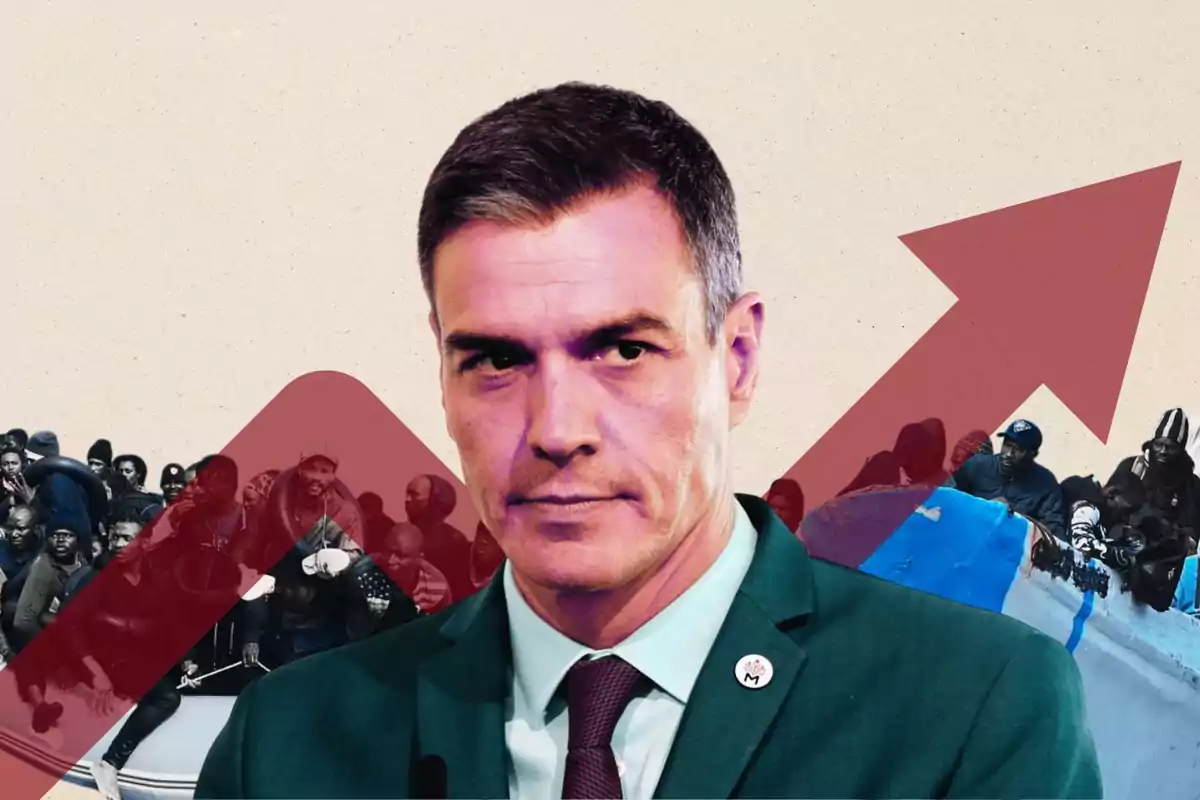 Hombre de traje con expresión seria al frente, detrás de él un grupo de personas y una flecha roja ascendente sobre fondo claro